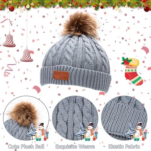 Kunoli 3pcs Kids Beanie Hat Scarf Gloves Set Knit Bobble Cap Fleece Lined Neck Warmer Winter Outdoor Sports Crochet Thermal Accessories For Children Toddler Boys Girls Aged 1-6 Years Old