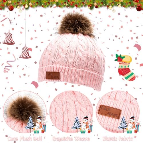 Kunoli 3pcs Kids Beanie Hat Scarf Gloves Set Knit Bobble Cap Fleece Lined Neck Warmer Winter Outdoor Sports Crochet Thermal Accessories For Children Toddler Boys Girls Aged 1-6 Years Old