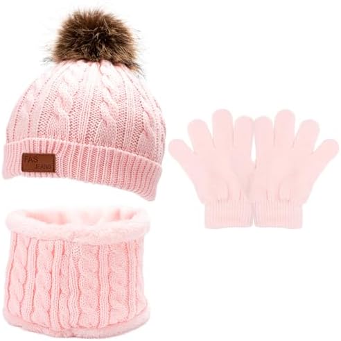 Kunoli 3pcs Kids Beanie Hat Scarf Gloves Set Knit Bobble Cap Fleece Lined Neck Warmer Winter Outdoor Sports Crochet Thermal Accessories for Children Toddler Boys Girls Aged 1-6 Years Old