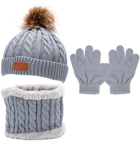 Kunoli 3pcs Kids Beanie Hat Scarf Gloves Set Knit Bobble Cap Fleece Lined Neck Warmer Winter Outdoor Sports Crochet Thermal Accessories For Children Toddler Boys Girls Aged 1-6 Years Old
