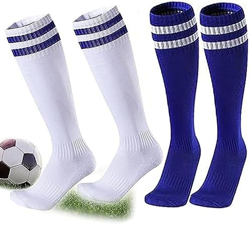 Kuou 2 Pairs Kids Football Socks 2 Colors Childrens Unisex Anti-slip Towel Bottom Socks Long Soccer Breathable Sock For Rugby Hockey Running Or Training (White Blue) Children Aged 5-12 18x 36cm