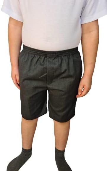 L S U Boys Kids Full Elasticated Pull-UP-Shorts Summer School Uniform Grey/Black (NO Zip/Clip)