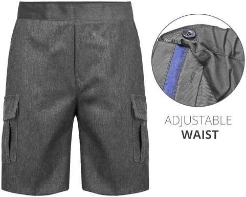 L S U Boys Pull Up School Shorts Grey Black Adjustable Waist With Extra Pockets