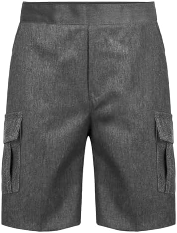 L S U Boys Pull Up School Shorts Grey Black Adjustable Waist With Extra Pockets