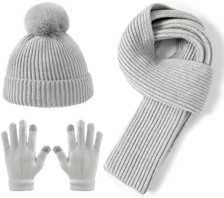 Lallier 3Pcs Kids Hat Scarf and Snow Gloves Set Winter Knit Warm Soft Pom-Pom Beanie Outdoor for Boys Girls and Toddlers