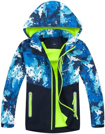 LAUSONS Boys Waterproof Jacket Kids Coat Camo Girls Lightweight Windbreaker Outdoor Fleece Raincoat with Hood