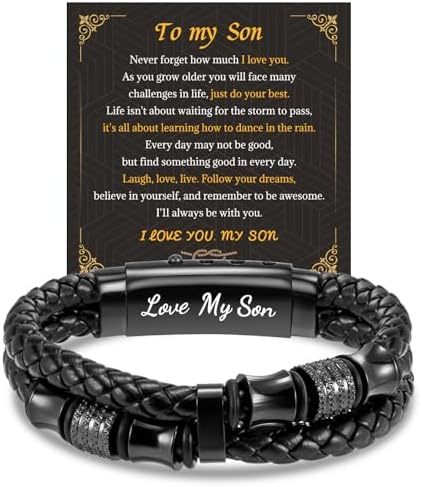 LAXPICOL Gift To My Son/Grandson/Husband mens bracelets Mens leather bracelet boys bracelets With Stainless Steel Magnetic Clasp Braided Leather Bracelet Birthday Gift For Men