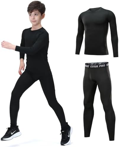 Leeboom Base Layer Kids Winter - Long Sleeve Top & Matching Bottoms Skins For Boys Warm Kids Base Layer Football Compression Set For Football Basketball Ski