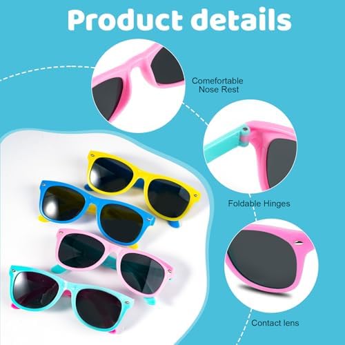 Leikedun 4 Pcs Kids Sunglasses Stylish Polarized Childrens Sunglasses Boys Girls Colored Flexible Frame Sunnies UV Protection For Toddlers Kids Party Outdoor Activities