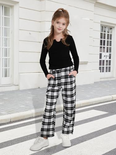 Lifeuping Girls Ribbed Long Sleeve V Neck Tops Wide Leg Plaid Pants With Pockets 2 Piece Outfits Fall Winter Matching Sets 6-14Y