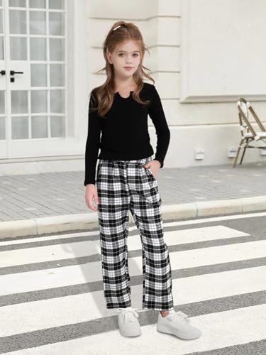 Lifeuping Girls Ribbed Long Sleeve V Neck Tops Wide Leg Plaid Pants With Pockets 2 Piece Outfits Fall Winter Matching Sets 6-14Y