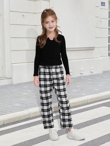 Lifeuping Girls Ribbed Long Sleeve V Neck Tops Wide Leg Plaid Pants With Pockets 2 Piece Outfits Fall Winter Matching Sets 6-14Y