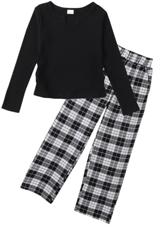 Lifeuping Girls Ribbed Long Sleeve V Neck Tops Wide Leg Plaid Pants with Pockets 2 Piece Outfits Fall Winter Matching Sets 6-14Y