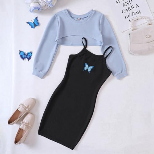 LIKCAISA Girls 2 Piece Outfits - Cute Kids Sleeveless Bodycon Cami Dress & Long Sleeve Tops Crop Set For Teen Girls Party Clothes Summer & Christmas Clothing