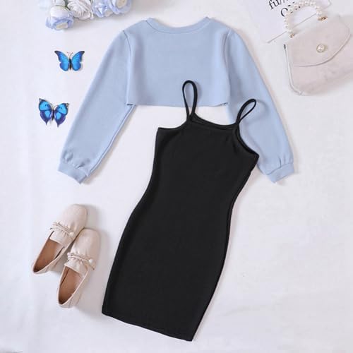 LIKCAISA Girls 2 Piece Outfits - Cute Kids Sleeveless Bodycon Cami Dress & Long Sleeve Tops Crop Set For Teen Girls Party Clothes Summer & Christmas Clothing