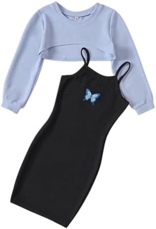 LIKCAISA Girls 2 Piece Outfits - Cute Kids Sleeveless Bodycon Cami Dress & Long Sleeve Tops Crop Set for Teen Girls Party Clothes Summer & Christmas Clothing