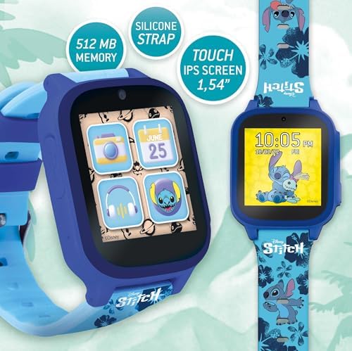 Lisciani - STITCH SMARTWATCH - Connected Watch For Children From 7 Years - Interchangeable Stitch Backgrounds -5 Interactive Games - Touch Screen - Camera Alarm Clock Timer & Lamp Functions
