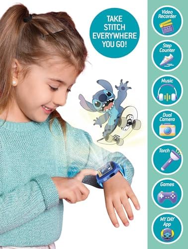 Lisciani - STITCH SMARTWATCH - Connected Watch For Children From 7 Years - Interchangeable Stitch Backgrounds -5 Interactive Games - Touch Screen - Camera Alarm Clock Timer & Lamp Functions