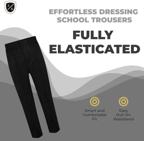 Listers Schoolwear Boys Fully Elasticated Easy Dressing Pull Up School Trousers - Grey Black Navy - All Around Pull On Comfort Fit 2-16 Years