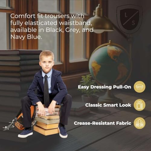Listers Schoolwear Boys Fully Elasticated Easy Dressing Pull Up School Trousers - Grey Black Navy - All Around Pull On Comfort Fit 2-16 Years
