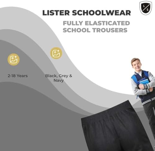 Listers Schoolwear Boys Fully Elasticated Easy Dressing Pull Up School Trousers - Grey Black Navy - All Around Pull On Comfort Fit 2-16 Years