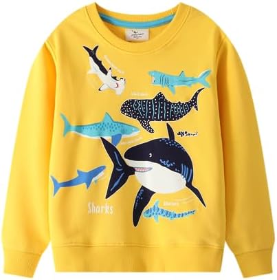 LitBud Boys Sweatshirts Shark Crewneck Pullover For Toddler Clothes Boy Cotton Top Long Sleeve Casual Jumper T Shirt Fall For Kids Size 1-7 Years Old