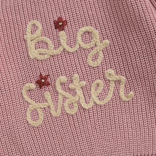 Little Baby Girls Casual Sweater Big Sister Letter Flower Embroidery Long Sleeve Knitwear Round Neck Fall Winter Pullover Top