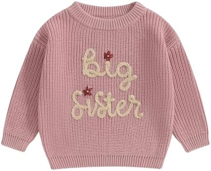 Little Baby Girls Casual Sweater Big Sister Letter Flower Embroidery Long Sleeve Knitwear Round Neck Fall Winter Pullover Top