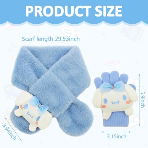 LKNBIF Cinna-moroll Kids Winter Scarf Gloves Set Cinna-moroll Girls' Cold Weather Accessories Sets Thermal Knit Crochet Thick Fluffy Bobble Scarf And Gloves Set For Girls Aged 2-6