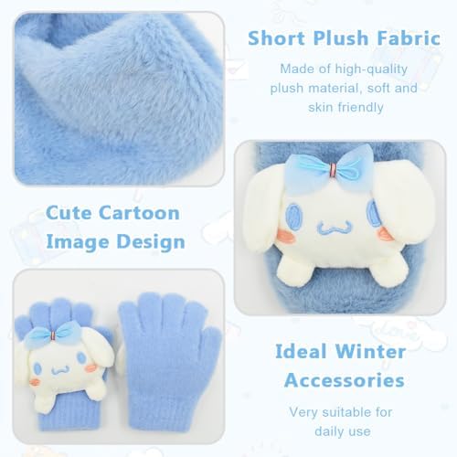 LKNBIF Cinna-moroll Kids Winter Scarf Gloves Set Cinna-moroll Girls' Cold Weather Accessories Sets Thermal Knit Crochet Thick Fluffy Bobble Scarf And Gloves Set For Girls Aged 2-6