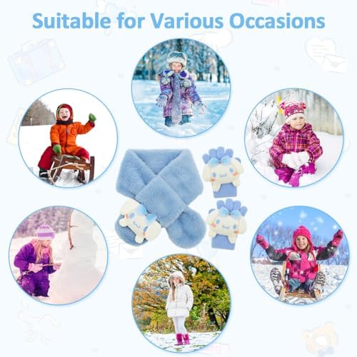 LKNBIF Cinna-moroll Kids Winter Scarf Gloves Set Cinna-moroll Girls' Cold Weather Accessories Sets Thermal Knit Crochet Thick Fluffy Bobble Scarf And Gloves Set For Girls Aged 2-6
