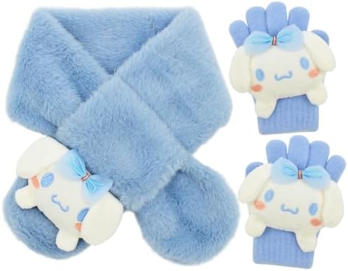 LKNBIF Cinna-moroll Kids Winter Scarf Gloves Set Cinna-moroll Girls' Cold Weather Accessories Sets Thermal Knit Crochet Thick Fluffy Bobble Scarf and Gloves Set for Girls Aged 2-6