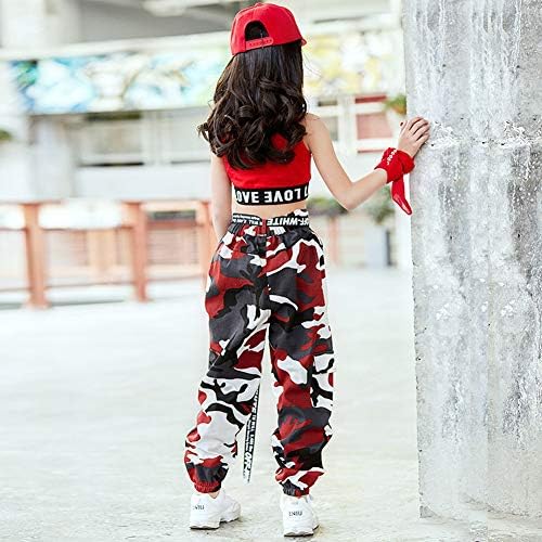 LOLANTA 2pcs Girls Hip Hop Street Dance Solo Clothes Set Crop Tank Top+Camouflage Jogger Pants 6-15 Years