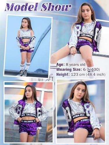 LOLANTA 4-Piece Girls Hip Hop Sequins Costume Sparkly Graphic Jacket Shiny Crop Tank Top Metallic Shorts 4-15 Years