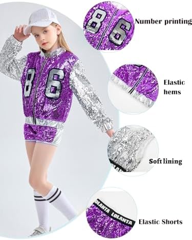 LOLANTA 4-Piece Girls Hip Hop Sequins Costume Sparkly Graphic Jacket Shiny Crop Tank Top Metallic Shorts 4-15 Years