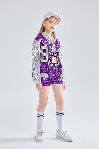 LOLANTA 4-Piece Girls Hip Hop Sequins Costume Sparkly Graphic Jacket Shiny Crop Tank Top Metallic Shorts 4-15 Years