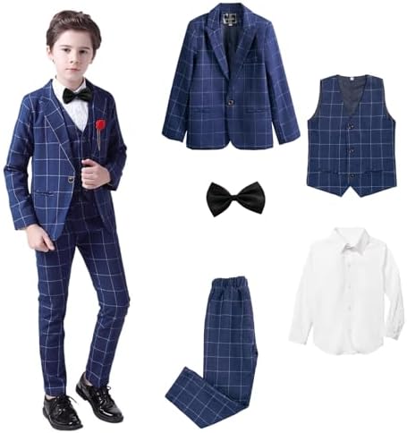 LOLANTA 5 Piece Boys Suits Set Page Boy Wedding Prom Suit Kids Plaid Blazer Suit Boys Formal Tuxedo Jacket Trousers Vest Shirt Bow Tie