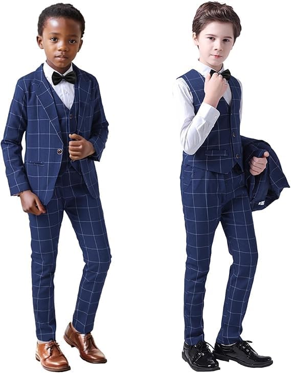 LOLANTA 5 Piece Boys Suits Set Page Boy Wedding Prom Suit Kids Plaid Blazer Suit Boys Formal Tuxedo Jacket Trousers Vest Shirt Bow Tie