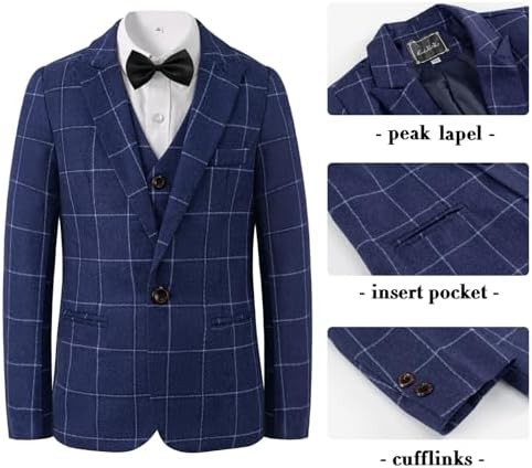 LOLANTA 5 Piece Boys Suits Set Page Boy Wedding Prom Suit Kids Plaid Blazer Suit Boys Formal Tuxedo Jacket Trousers Vest Shirt Bow Tie