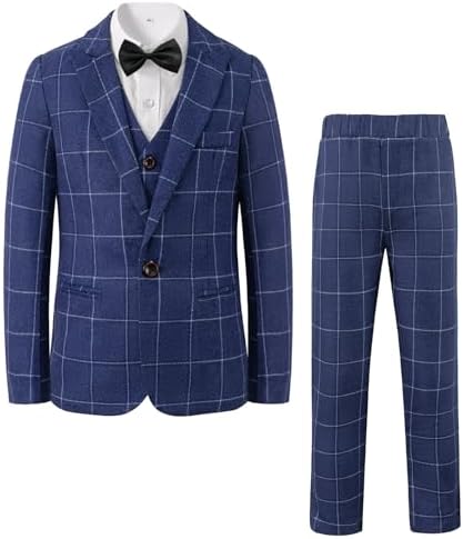 LOLANTA 5 Piece Boys Suits Set Page Boy Wedding Prom Suit Kids Plaid Blazer Suit Boys Formal Tuxedo Jacket Trousers Vest Shirt Bow Tie