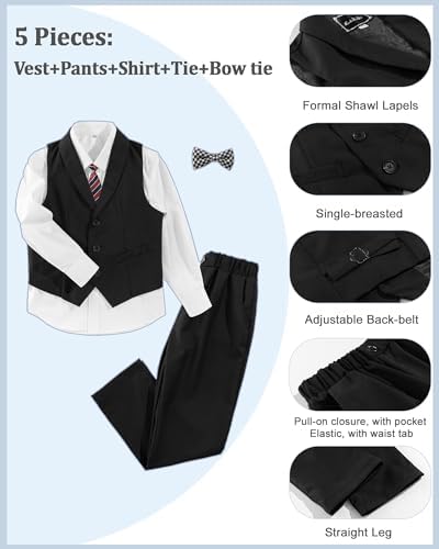 LOLANTA 5-Piece Boys Waistcoat Suit Set Kids Wedding Birthday Party Formal Suit For Boys Page Boy Solid Vest Pants Shirt Bow Tie Outfit