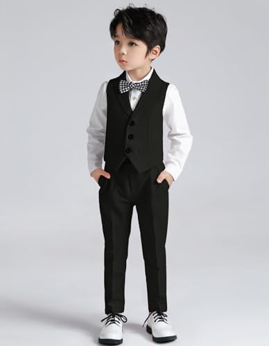 LOLANTA 5-Piece Boys Waistcoat Suit Set Kids Wedding Birthday Party Formal Suit For Boys Page Boy Solid Vest Pants Shirt Bow Tie Outfit