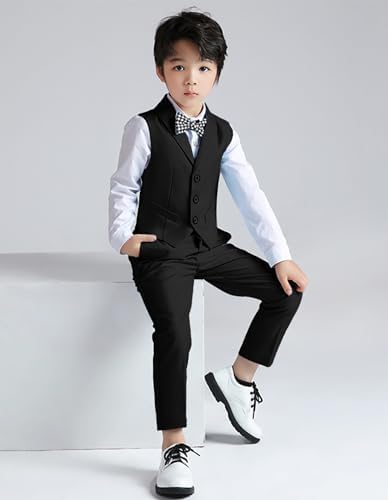 LOLANTA 5-Piece Boys Waistcoat Suit Set Kids Wedding Birthday Party Formal Suit For Boys Page Boy Solid Vest Pants Shirt Bow Tie Outfit