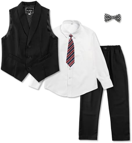 LOLANTA 5-Piece Boys Waistcoat Suit Set Kids Wedding Birthday Party Formal Suit for Boys Page Boy Solid Vest Pants Shirt Bow Tie Outfit