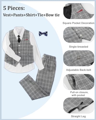 LOLANTA 5-Piece Kids Waistcoat Suits Checked Wedding Party Suit For Boys With Vest Shirt Trousers And Bow Tie 5-11 Years