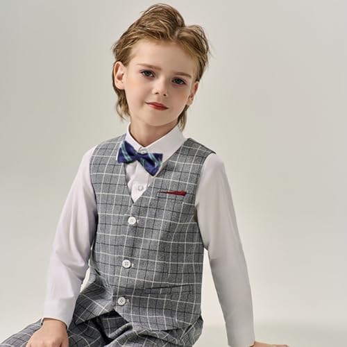 LOLANTA 5-Piece Kids Waistcoat Suits Checked Wedding Party Suit For Boys With Vest Shirt Trousers And Bow Tie 5-11 Years