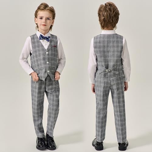 LOLANTA 5-Piece Kids Waistcoat Suits Checked Wedding Party Suit For Boys With Vest Shirt Trousers And Bow Tie 5-11 Years