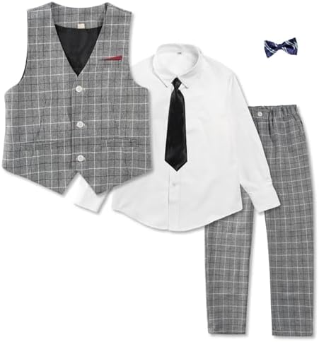LOLANTA 5-Piece Kids Waistcoat Suits Checked Wedding Party Suit for Boys with Vest Shirt Trousers and Bow Tie 5-11 Years