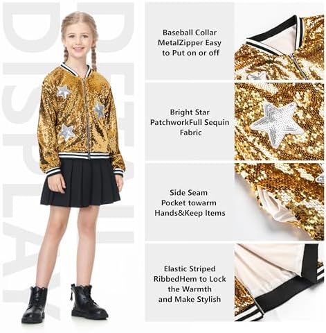 LOLANTA Girls Sequin Bomber Jacket With Pockets Zipper Long Sleeve Sparkle Baseball Jackets