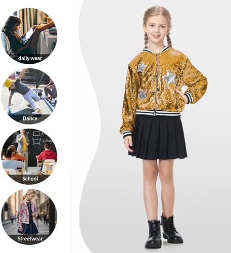 LOLANTA Girls Sequin Bomber Jacket With Pockets Zipper Long Sleeve Sparkle Baseball Jackets
